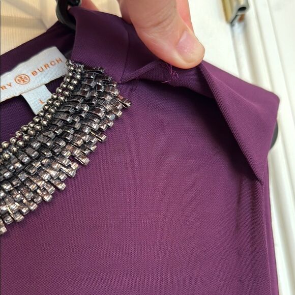 Tory Burch Pleated Plum Dress with Embellished Beaded Neckline Size Large - Picture 6 of 8
